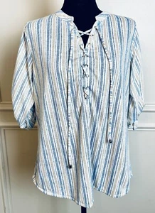Eden & Olivia Striped Top Women’s Large Blouse Lace Roll Tab Long Sleeve - Picture 1 of 7
