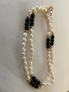 DOUBLE STRAND FRESHWATER PEARL AND ONYX 14K GOLD BRACELET - Picture 1 of 5