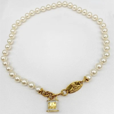 Vivienne Westwood Gold Padlock White Pearl Necklace Choker Chain NO BOX - Image 1 of 3