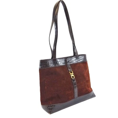 Bolso de Hombro Salvatore Ferragamo Gancini Cuero Gamuza Marrón EA-217699 Foto 1 de 4