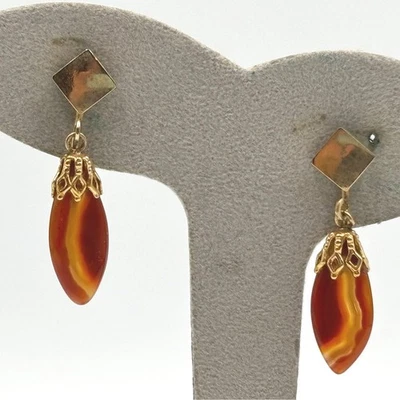 Pendientes colgantes vintage de piedra de cornalina tono dorado con clip piedras preciosas Foto 1 de 4