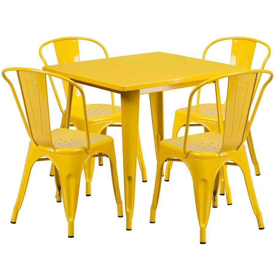 Flash Commercial Grade 31.5" Square Yellow Metal Table Set with 4 Stack Chairs - Image 1 of 1