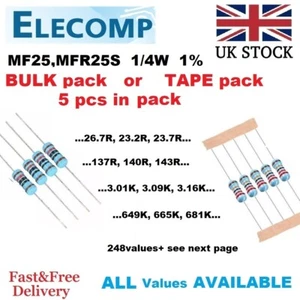 1/4W Resistenze pellicola metallica 1% E96 gamma tutti i valori 392R-14,9K 5pz/Confezione stock UK - Foto 1 di 10