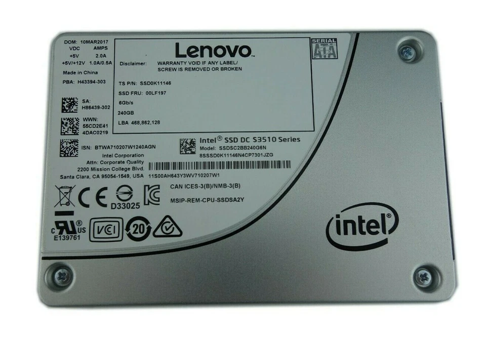 Lenovo S3510 240GB SATA 6Gb/s 2.5" SSD SSDSC2BB240G6N SSD0K11146 00LF197 00AH643 - Image 1 of 2