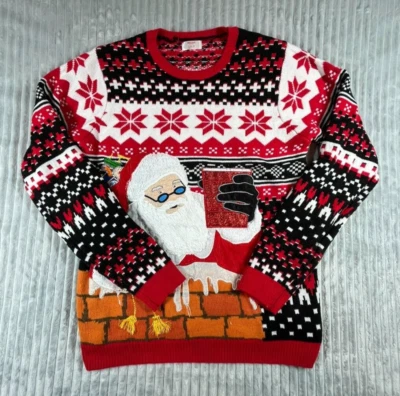 Holiday Time Knit Sweater Men's L Embroidered Santa Cheers Drink Holder Ugly - Image 1 of 4