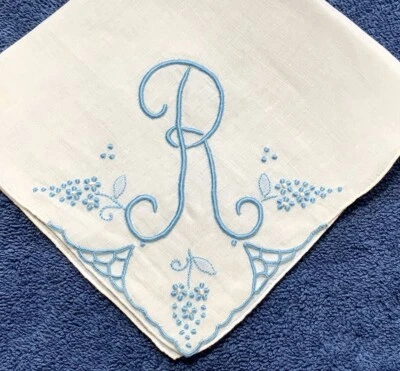 Monograma R Bordado Madeira Hanky Azul Blanco Lino De Colección Foto 1 de 4