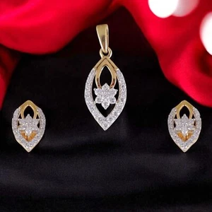 Gorgeous 1.10 Cts Round Brilliant Natural Diamonds Pendant Earrings 14K Gold - Picture 1 of 6