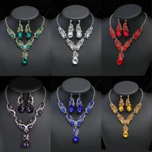 Wassertropfen Kristall Halskette Ohrringe Schmuck Set Damen Mode Kette Halskette Geschenk - Bild 1 von 16