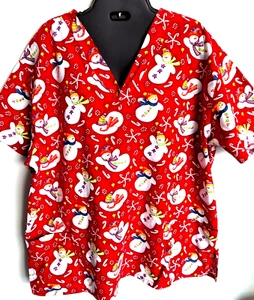 Christmas Scrub Top XL  Snowmen Candy Canes Red White WS Fundamentally Cotton - Picture 1 of 4
