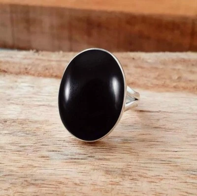 Sterling 925 Argento Anelli Con Onice Nera Gemma Artigianale Donna Anelli - Immagine 1 di 4