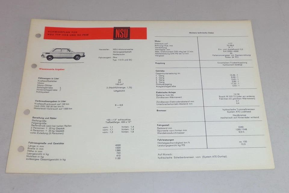 Plan de Engrase + Datos Técnicos NSU 110 S / Sl Príncipe - Imagen 1 de 1