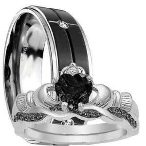 His and Her 3 PCS TRIO Wedding Engagement Ring Set Him Her Bride Groom - Picture 1 of 5