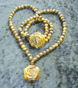 Tiger Eye Necklace & Bracelet Set Rose Design. Unwanted Gift.925 Silver T. Bar - Picture 1 of 6