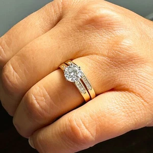 14K Yellow Gold Round Moissanite And Diamonds Engagement Ring and Band Set 1.90 - Picture 1 of 14