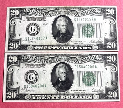 Lot of 2 Series 1928 B NEAR SEQUENCE $20 Twenty Dollar FRN Chicago  Crisp AU - Image 1 of 4