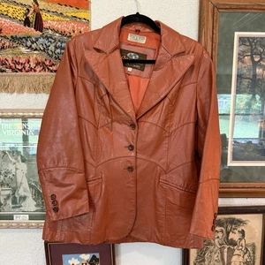 Vintage 70s RARE Retro Leather Blazer Jacket Cowboy Western Brazilia D&H Size 14 - Picture 1 of 6