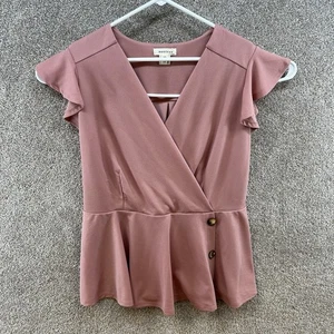 Monteau Women's Tunic Blouse Size 1X Pink Short Sleeve V-Neck Pullover - Picture 1 of 11