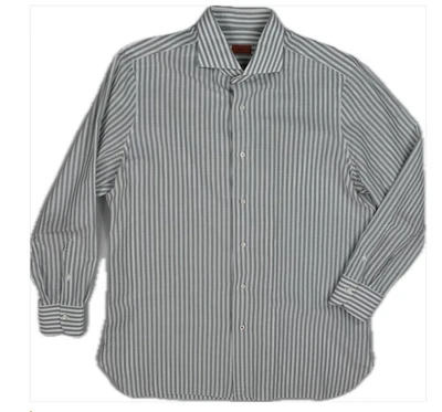 ISAIA NAPOLI Mens Stripe White Gray Linen Dress Shirt Size 17 New - Image 1 of 4