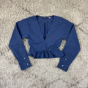Vintage 80s Ralph Lauren rework peplum LS blouse top navy blue women’s XS - Picture 1 of 8