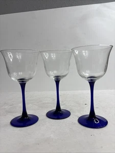 Juego de 3 copas de vino vintage con forma de tulipán con tallo azul cobalto - Imagen 1 de 8