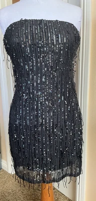 WILD FABLE - BLACK SEQUIN FRINGED STRAPLESS BODY CON MINI PROM DRESS - SZ M - Image 1 of 4