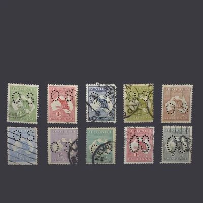Estampilla de canguro australiano -10 estampillas OS pinchazos, corona sobre A (excepto CofA -9d) Foto 1 de 2