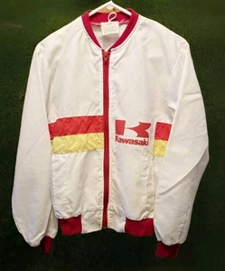 Vintage 1970s/1980s Kawasaki Windbreaker Jacket ~ White w/Red & Yellow Stripes M - Picture 1 of 12