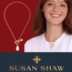 Susan Shaw Necklace Gold Pearl Toggle Paperclip Chain 24k TPG - Picture 1 of 11