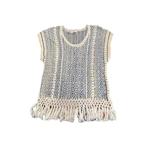 Miss Me Sleeveless Sweater Shirt Fringe Boho Hippie Blue White Size Large NWOT - Picture 1 of 4