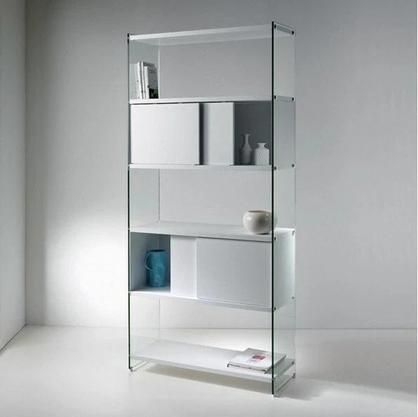 LIBRERIA COMPONIBILE BIFACCIALE IN VETRO TEMPERATO PIANI LEGNO VARI COLORI 90 - Immagine 1 di 4