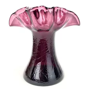 Vintage Bischoff Amethyst Crackle Art Glass Large Ruffle Edge VASE Blown Heavy - Picture 1 of 14