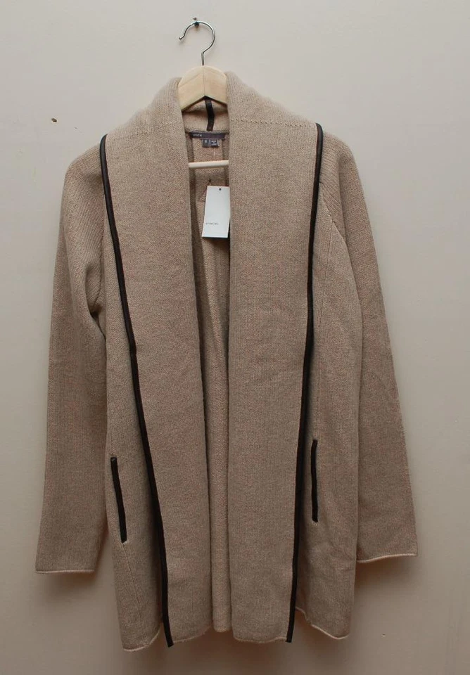 W436 NUEVO CON ETIQUETAS VINCE CUERO RIBETE MUJER CÁRDIGAN SUÉTER TALLA M en OAT $495 Foto 1 de 1