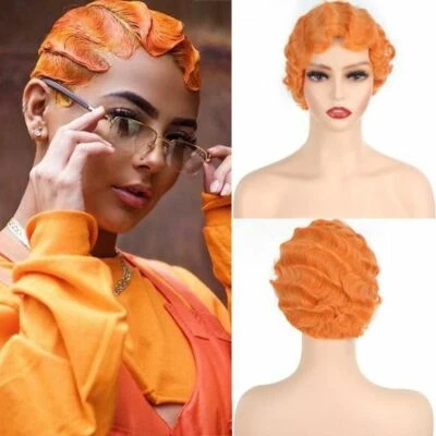短手指波假发橙色假发女式时尚派对假发无花边假发 — 第 1/4 张图片