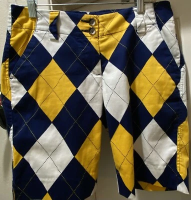 LOUDMOUTH Damas. Pantalones Cortos Para Mujer Golf Púrpura/Amarillo Estampado Argyle Talla 2 Usados en Excelente Condición Foto 1 de 4