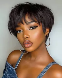 Peluca de cabello humano liso negro Pixie sin encaje suave Remy pelucas de cabello humano sin pegamento - Imagen 1 de 15