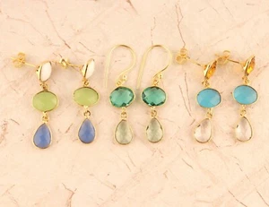 3 Pairs Lot Mix Gemstone Yellow Gold Plated Drop Dangle Earring Gift For Jewelry - Picture 1 of 2
