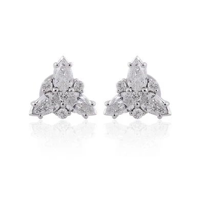 Pear Round Lab Grown CVD Diamond Triangle Stud Cluster Earrings 18k White Gold - Image 1 of 4