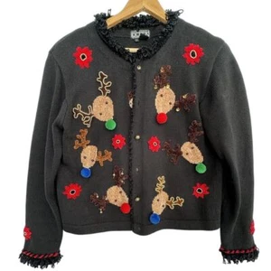 Vintage Berek 2 Christmas Cardigan Sweater Small Reindeer Bells Shoulder Pads - Picture 1 of 9