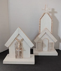 2er Set: Mud Pie Weißperlen Holz 16" groß & 10" mittelgroße Kirchen mit Kreuz - Bild 1 von 20