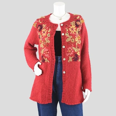 Cárdigan plumero April Cornell rojo floral mezcla lana, mediano - grande para mujer Foto 1 de 4
