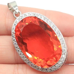 Stunning Big Oval Gemstone Orange Spessartine Garnet Dating Silver Pendant - Bild 1 von 2