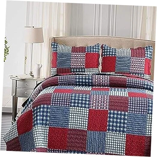  Red Blue Plaid Quilt Set Size Country Patchwork Bedding Full/Queen Blue,red - Image 1 of 4