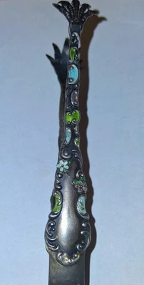 Pinzas de azúcar antiguas de plata de ley con incrustaciones de esmalte Foto 1 de 3