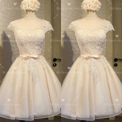 Short Wedding Dresses Champagne Sweet Sleeveless Elegant Tulle Mini Bridal Gowns - Image 1 of 4