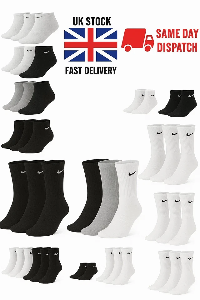 MENS/WOMENS NIKE SOCKS 3/6/9/12 PAIRS PACK - CREW SPORTS - Image 1 of 4