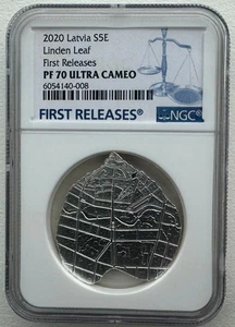 NGC PF70 First Releases Latvia 2020 Linden Leaf Silver Coin 5 Euro - Picture 1 of 5
