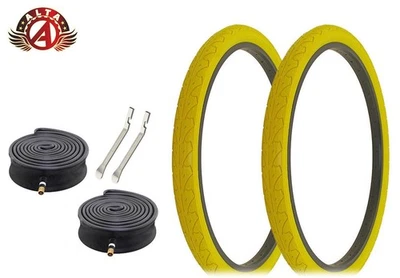 ALTA BICYCLE CRUISER DURABLE TIRE 26 x 1.95 YELLOW CITY CAVALIER SLICK 6pc SET. - Image 1 of 2