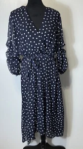 Emma & Michele Women's 12 Navy Blue White Polka Dot Shirt Dress 3/4 Tab Sleeve - Picture 1 of 7