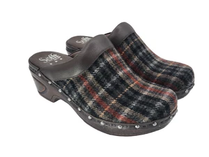 Sofft Womens Size 7M Heeled Clogs Brown Orange Black Plaid Upper Studs Fall - Picture 1 of 10