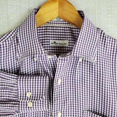 PETER MILLAR размер большой мужской хлопок/шелк сирень имбирь чек рубашка на пуговицах - Изображение 1 из 4
